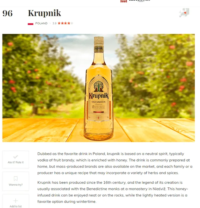  El krupnik de Polonia reemplazó al pisco en el puesto 96 del ranking de Taste Atlas. Foto: Taste Atlas 