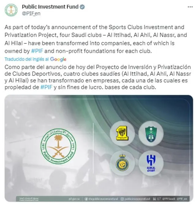  Anuncio del Proyecto de Inversión y Privatización de Clubes Deportivos de Arabia Saudita. Foto: captura de Twitter   