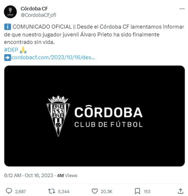 El club al que pertenecía Álvaro Prieto, envió las condolencias a su familia. Foto: @CordobaCF_ofi   