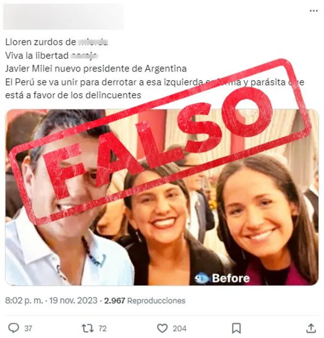  Desinformación sobre Sigrid Bazán, Verónika Mendoza y Sergio Massa. Foto: captura en Twitter    