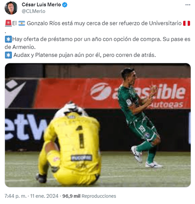Gonzalo Ríos jugó en Audax Italiano en el 2023. Foto: X/César Merlo   