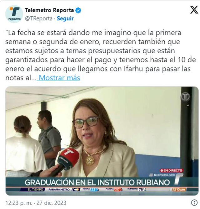 La Ministra de Educación (MEDUCA) señaló que a partir del 15 de enero se estará viendo la fecha oficial del pago de este bono estudiantil. Foto: Telemetro   