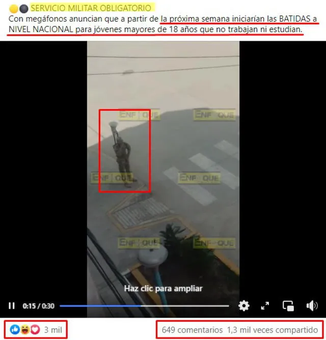 Video viralizado en Facebook donde un hombre vestido de militar anuncia batidas a nivel nacional para reclutar a jóvenes al servicio militar obligatorio. FOTO: Captura de pantalla.