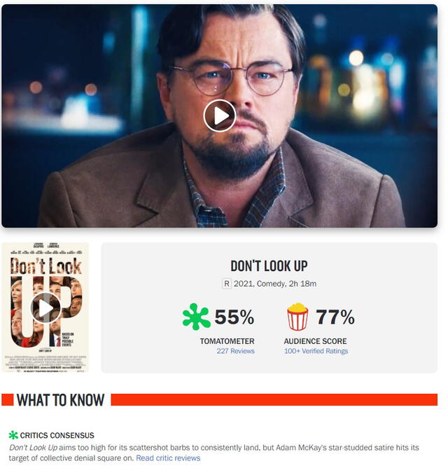 Don't look up no ha sido bien calificada por la crítica en Rotten Tomatoes. Foto: captura de Roten Tomatoes