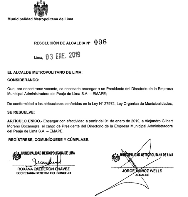 Resolución con la que se designa a Alejandro Moreno como presidente encargado de Emape. Foto: captura documento