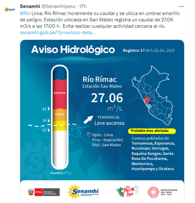 El Senamhi alertó el incremento del río Rimac por las lluvias registradas en los últimos dias. Foto: Senamhi   