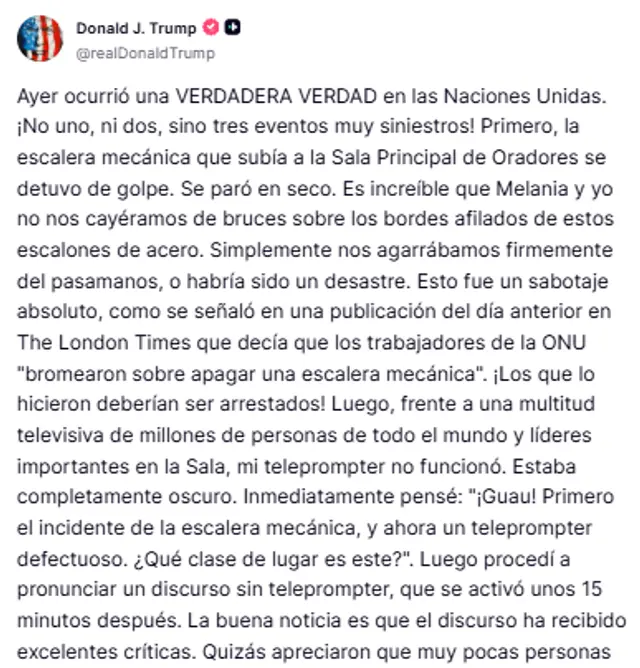  Primera parte de la acusación de Trump a la ONU. Foto: @realDonaldTrump/Truth Social<br>    