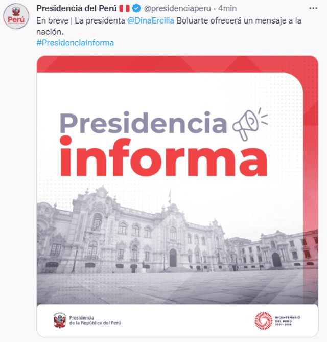 Presidenta del Perú, Dina Boluarte ofrecerá mensaje a la Nación tras juramentar su nuevo gabinete