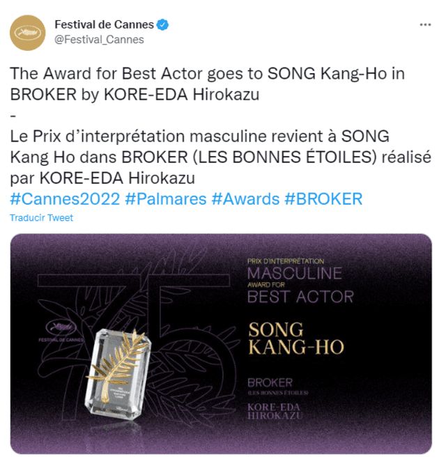 Festival de Cannes 2022 Song Kang Ho Broker mejor actor