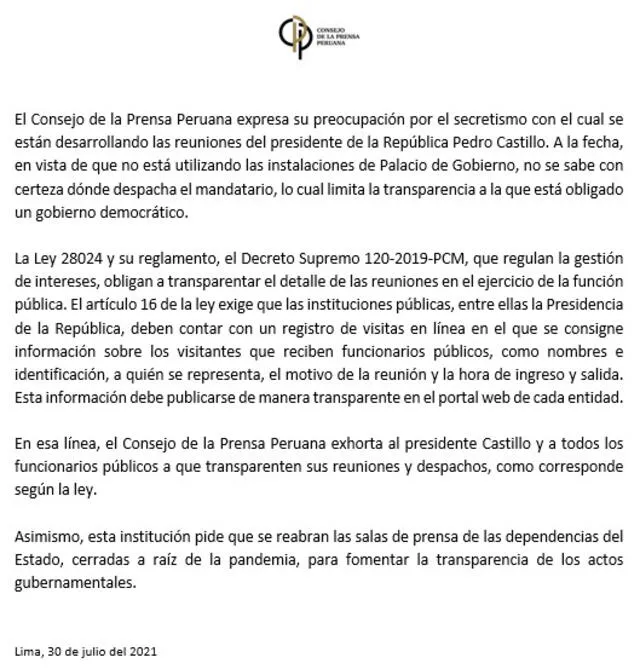 Comunicado del Consejo de la Prensa Peruana.