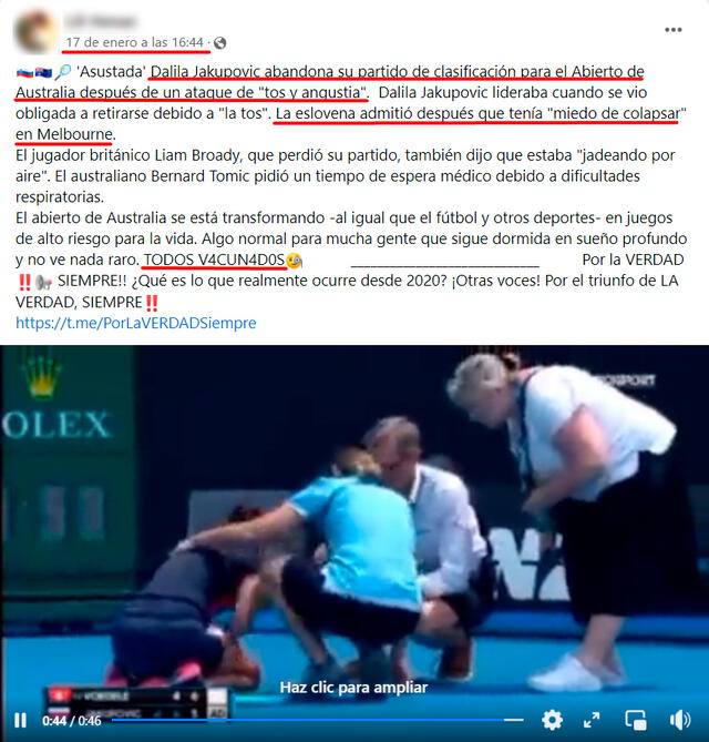 Posteo en el que se comparte un video del incidente de Dalila Jakupovic en el torneo del Open de Australia 2020. FOTO: Captura de Facebook.