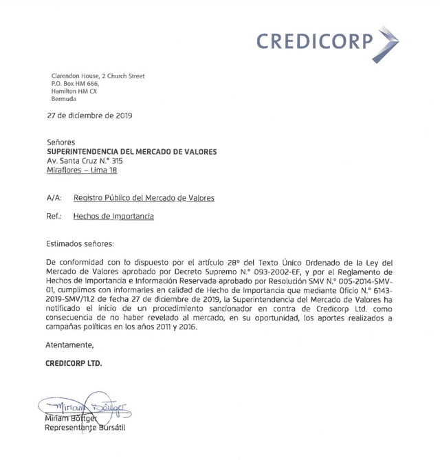 Hecho de importancia informado por Credicorp Ltd.