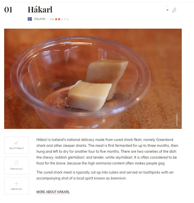  El hákari de Islandia es considerado el peor platillo del mundo por Taste Atlas. Foto: Taste Atlas 