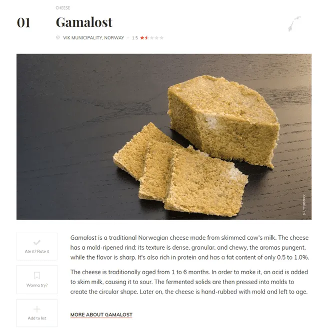  El gamalost, un queso noruego, es el peor producto alimenticio del mundo, según Taste Atlas. Foto: Taste Atlas 
