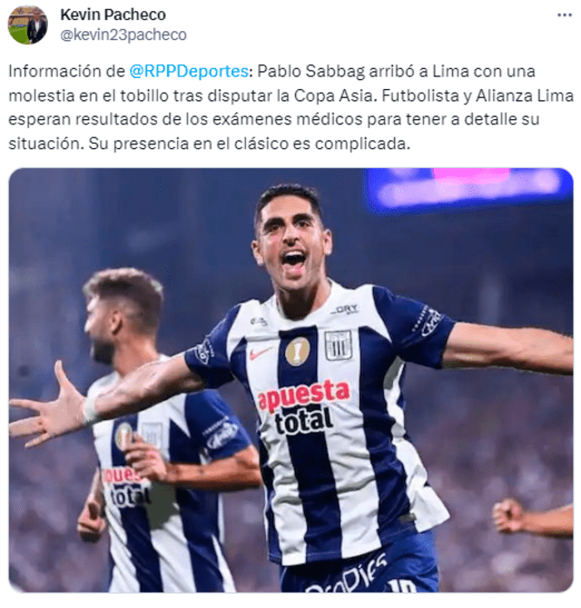  Información sobre la lesión de Pablo Sabbag. Foto: Twitter/Kevin Pacheco.   