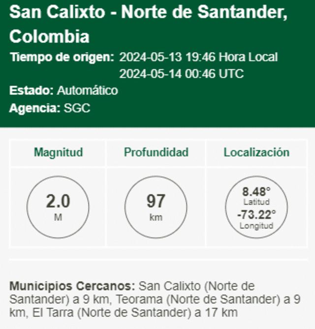  Reporte del último temblor hoy en Colombia. Foto: SGC   