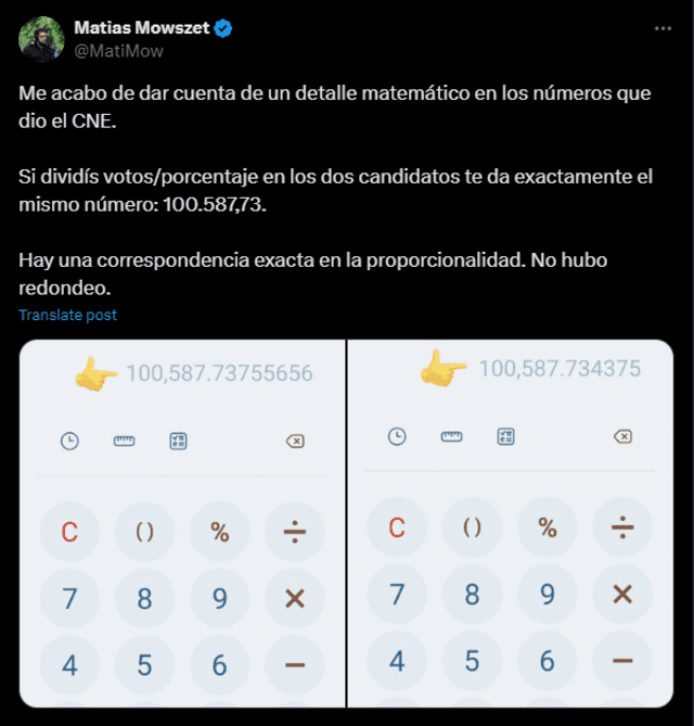 El periodista Matías Mowszet, brindó luces de lo que podría haber sido una de las primeras pruebas contundentes de la existencia de un fraude en los porcentajes presentados por el CNE. Foto: @MatiMow/X.   