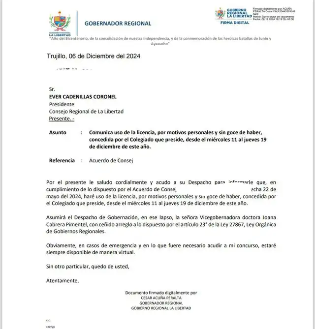  César Acuña se ausentará temporalmente de sus funciones como gobernador de Trujillo. Foto: Alonso Ramos/X    