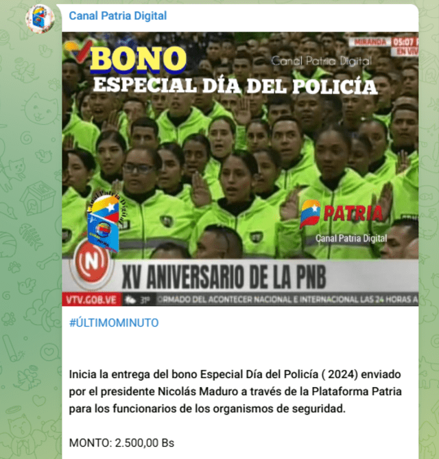 El Bono Día del Policía se entrega a los funcionarios de los organismos de seguridad. Foto: Canal Patria Digital/ Telegram