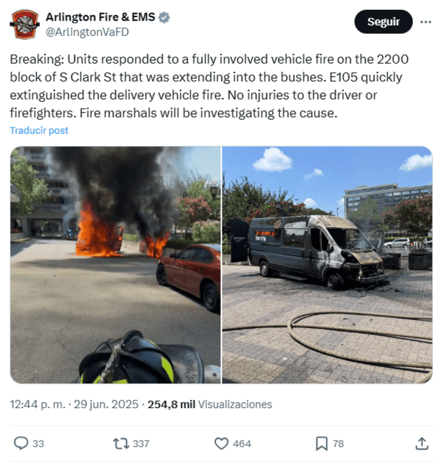 <em> Comunicado del Departamento de Bomberos de Arlington, Virginia. Foto: captura de pantalla</em>   