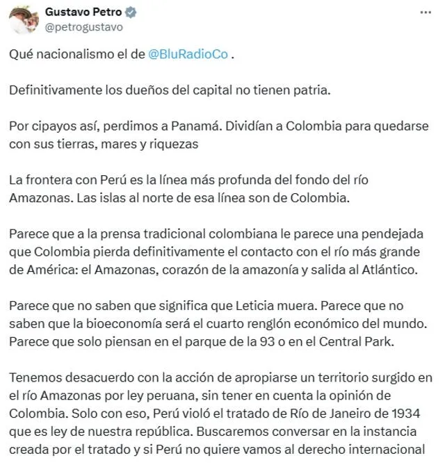  Pronunciamiento de Gustavo Petro a través de X.   