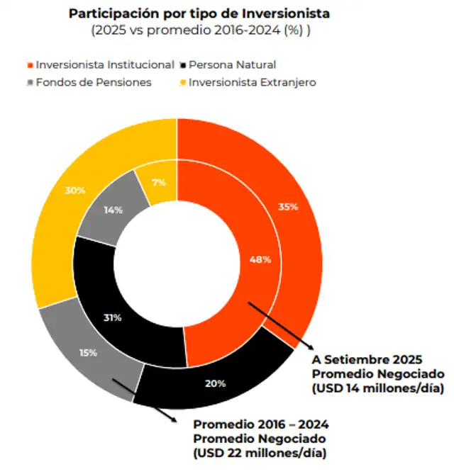 Participación por tipo de inversionista. Fuente: CAVALI/BVL Participación por tipo de inversionista. Fuente: CAVALI/BVL