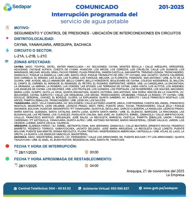 Corte de agua en Arequipa. Foto: Sedapar Corte de agua en Arequipa. Foto: Sedapar