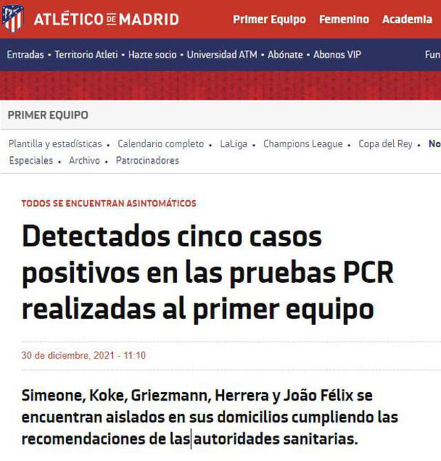 Información sobre los contagiados. Foto: Atlético de Madrid