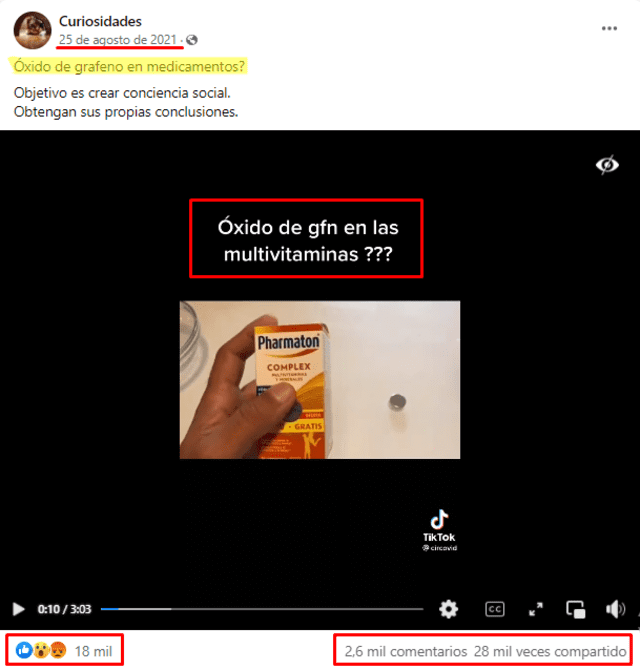 Posteo viral que comparte el video que afirma que Pharmaton contiene supuestamente óxido de grafeno. FOTO: Captura de Facebook.