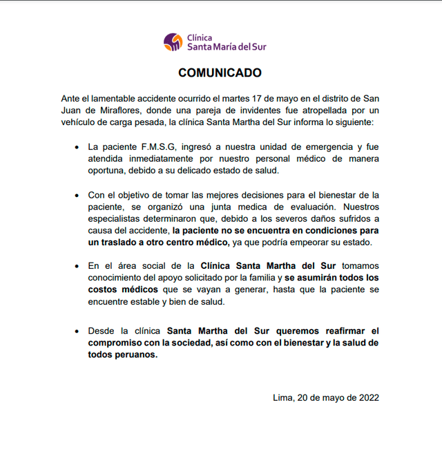 Clínica se pronuncia ante pedido de familiares de la víctima.