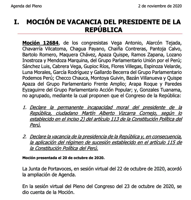 Agenda del Congreso sobre la admisión de la moción de vacancia presidencial.
