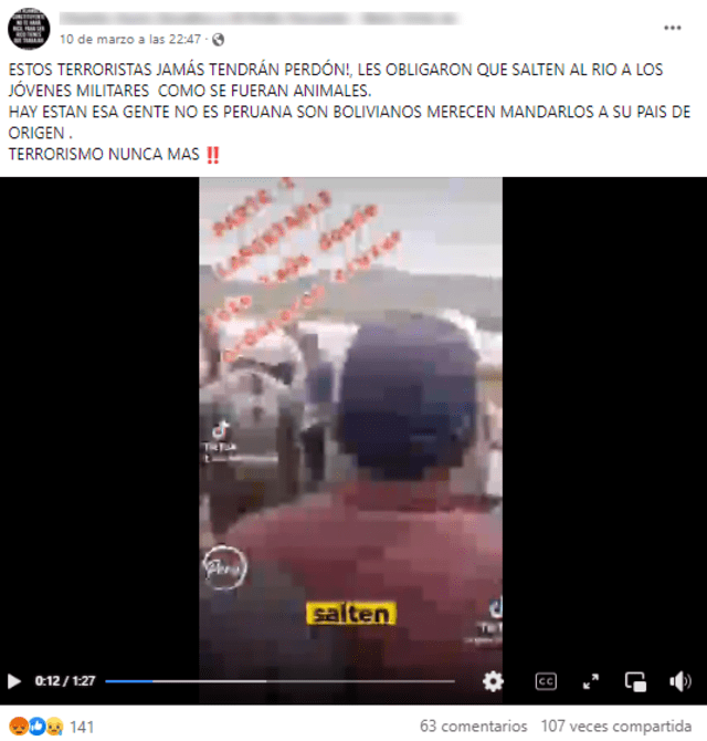 Usuarios comparten este un video para decir falsamente que se trata de cuando los soldados jóvenes fueron obligados a entrar al río Ilave por los pobladores. Foto: captura en Facebook.    