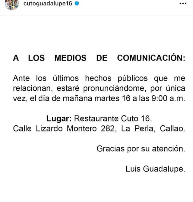 Comunicado publicado por Cuto Guadalupe. Foto: Instagram/Luis Guadalupe   