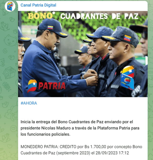 El pago del Bono Cuadrantes de Paz se entrega desde julio de 2023. Foto: Canal Patria Digital/X