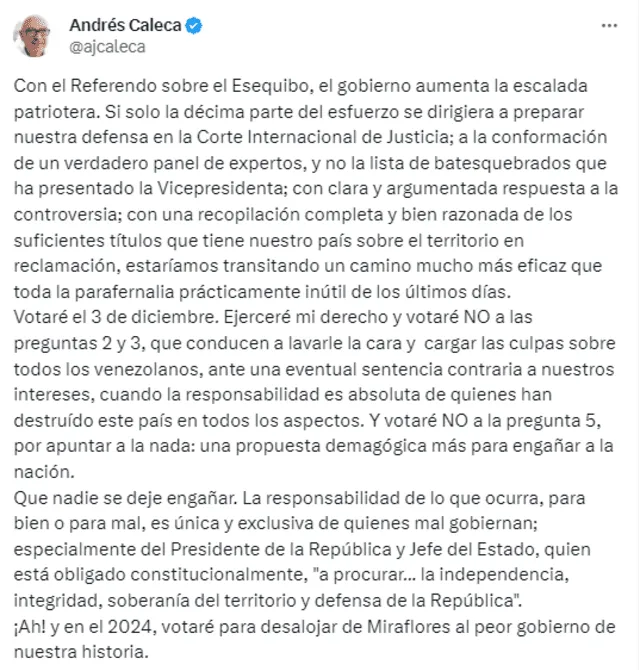 Referendo Consultivo por el Esequibo 2023: ¿qué opositores respaldan el plebiscito? | consultivo 2023 cne org ve | plan república 2023 | el Esequibo es nuestro | Venezuela Esequibo | María Corina Machado | Nicolás Maduro | referendum chavista | Henrique Capriles | Guyana | Andrés Caleca | Twitter | X