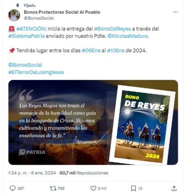 Bono de Reyes: ¿hasta cuando se puede cobrar el Primer Bono Especial de enero 2024? | Venezuela | Bonos Protectores Social Al Pueblo | X | Twitter