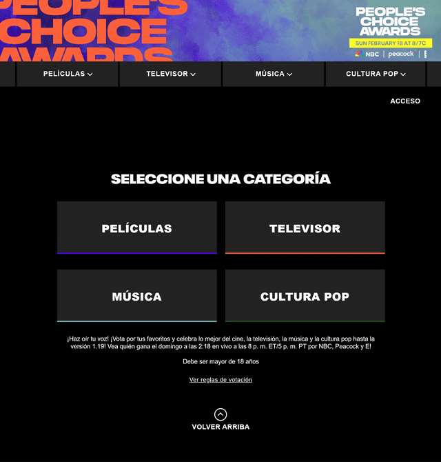  Página web de los People's Choice Awards 2024. Foto: captura LR/Votepca   