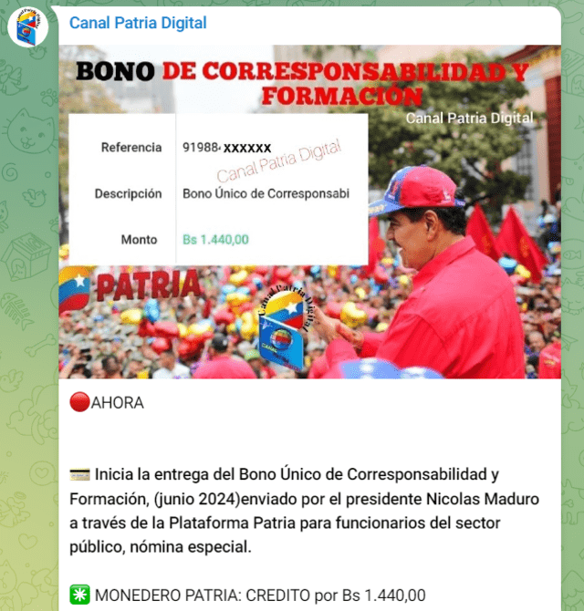El Bono de Corresponsabilidad y Formación de este mes llegó el 3 de junio. Foto: Canal Patria Digital/Telegram
