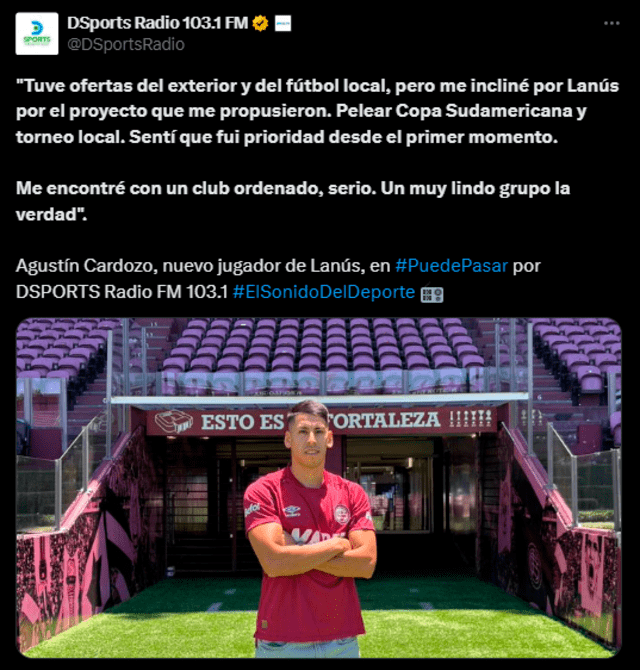  Agustín Cardozo sobre sus motivos para fichar por Lanús. Foto: captura de Twitter/DSports Radio.   