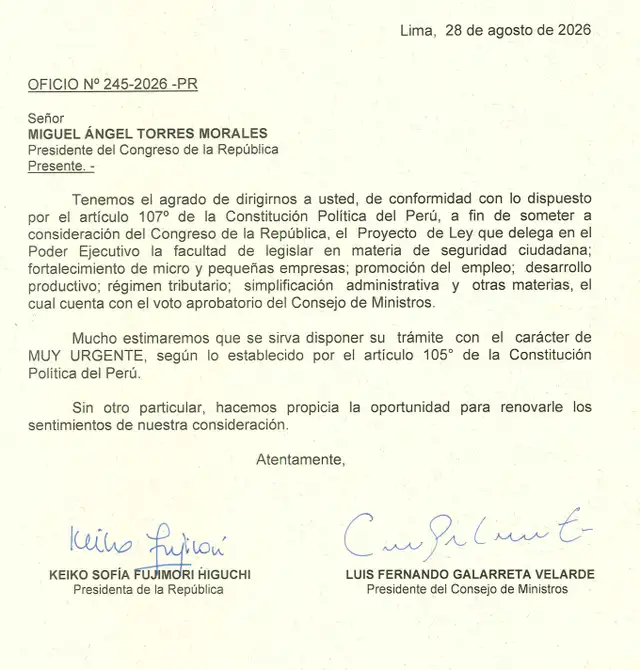 Oficio del pedido de facultades por parte del Ejecutivo.