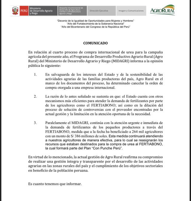 Comunicado de Agro Rural