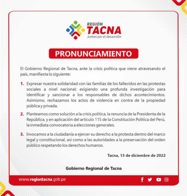 Comunicado del Gobierno Regional de Tacna.