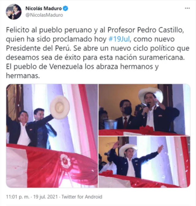 Nicolás Maduro felicita a Pedro Castillo vía Twitter. Foto: captura Twitter