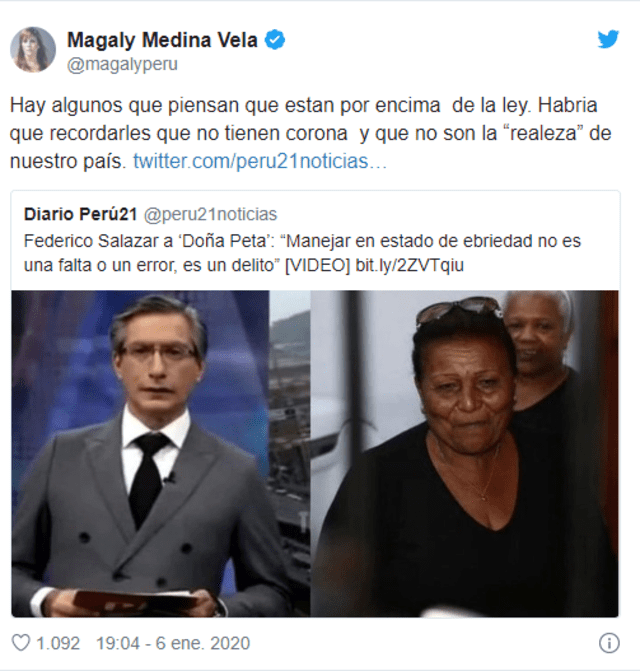Magaly Medina criticó a 'Doña Peta' por sus declaraciones sobre accionar policial. (Foto: captura)