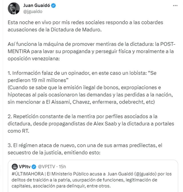 Guaidó cataloga de infundadas las acusaciones de la Fiscalía. Foto: Juan Guaidó/X