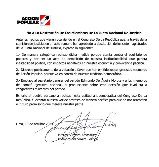  Mesías Guevara expresa su desacuerdo con votación a favor de congresistas de Acción Popular en Comisión de Justicia. Foto: Twitter   