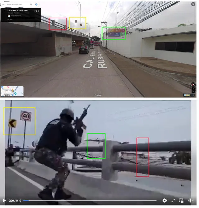  Espacio de la grabación durante el operativo policial en Ecuador para recuperar el control de TC Televisión. Foto: capturas / Google Google Street View, (arriba) / post viral&nbsp; (abajo).   