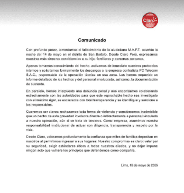 Comunicado de la empresa Claro tras el fallecimiento de la madre de familia. Foto: Claro Comunicado de la empresa Claro tras el fallecimiento de la madre de familia. Foto: Claro
