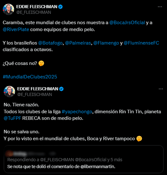  Fleischman sobre Boca y River en el Mundial de Clubes. Foto: captura de Twitter   