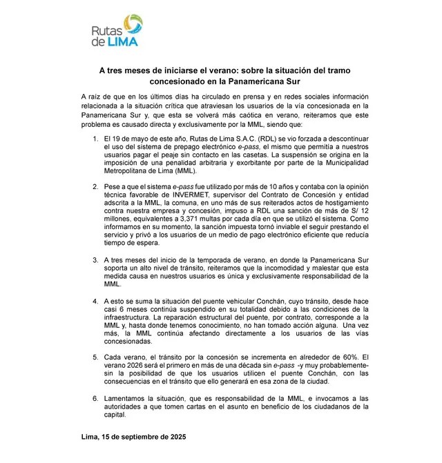 Comunicado de Rutas de Lima.   